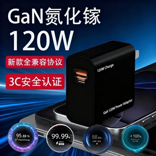 120W全兼容氮化镓充电器适用华为荣耀/VIVOiQOO/OPPO真我一加/小米红米黑鲨三星苹果闪充头PD65W充电插头