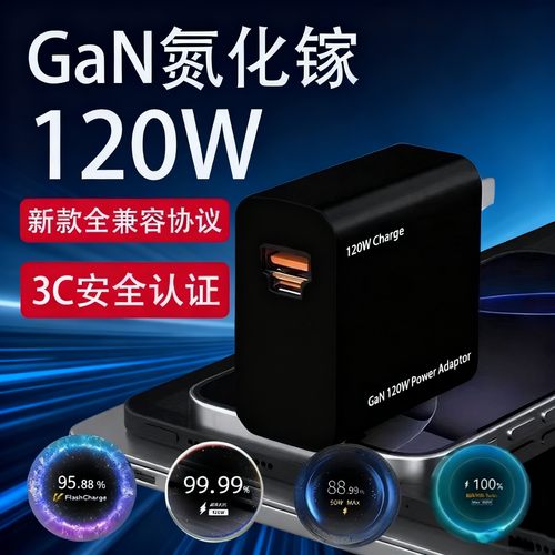 适用120全兼容氮化镓充电器适用华为荣耀/VIVOiQOO/OPPO真我一加/小米红米黑鲨三星苹果闪充头PD65W充电插头
