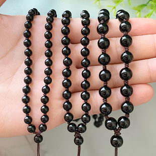 高档天然A货老坑缅甸翡翠挂绳链子 男女款圆珠墨翠手工编织玉项链