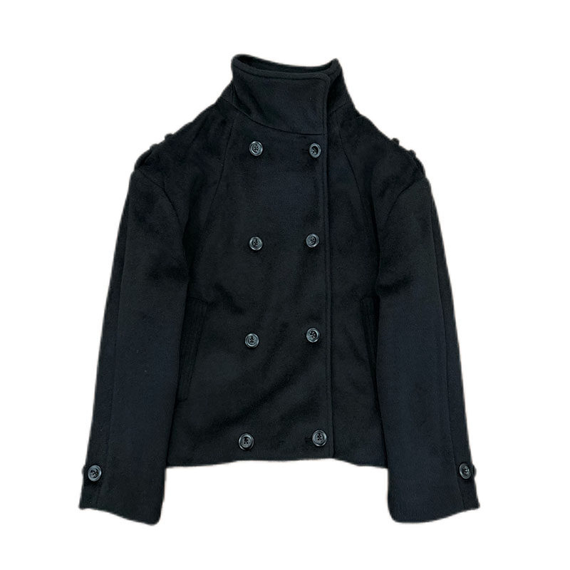 thumbnail for American-Style No Faith Studios Black and Gray Double-Breasted Stand-Collar Wool Short Jacket Old Money Style Coat