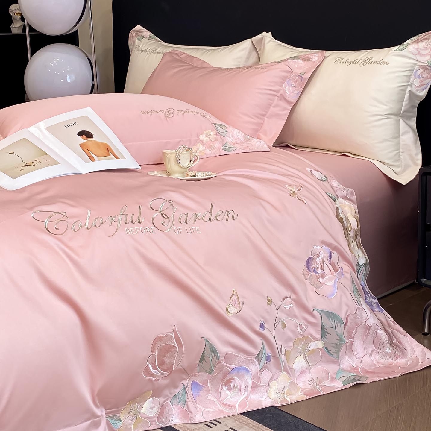 粉色公主风高端刺绣床上四件套全棉纯棉100支长绒棉大花田园国风