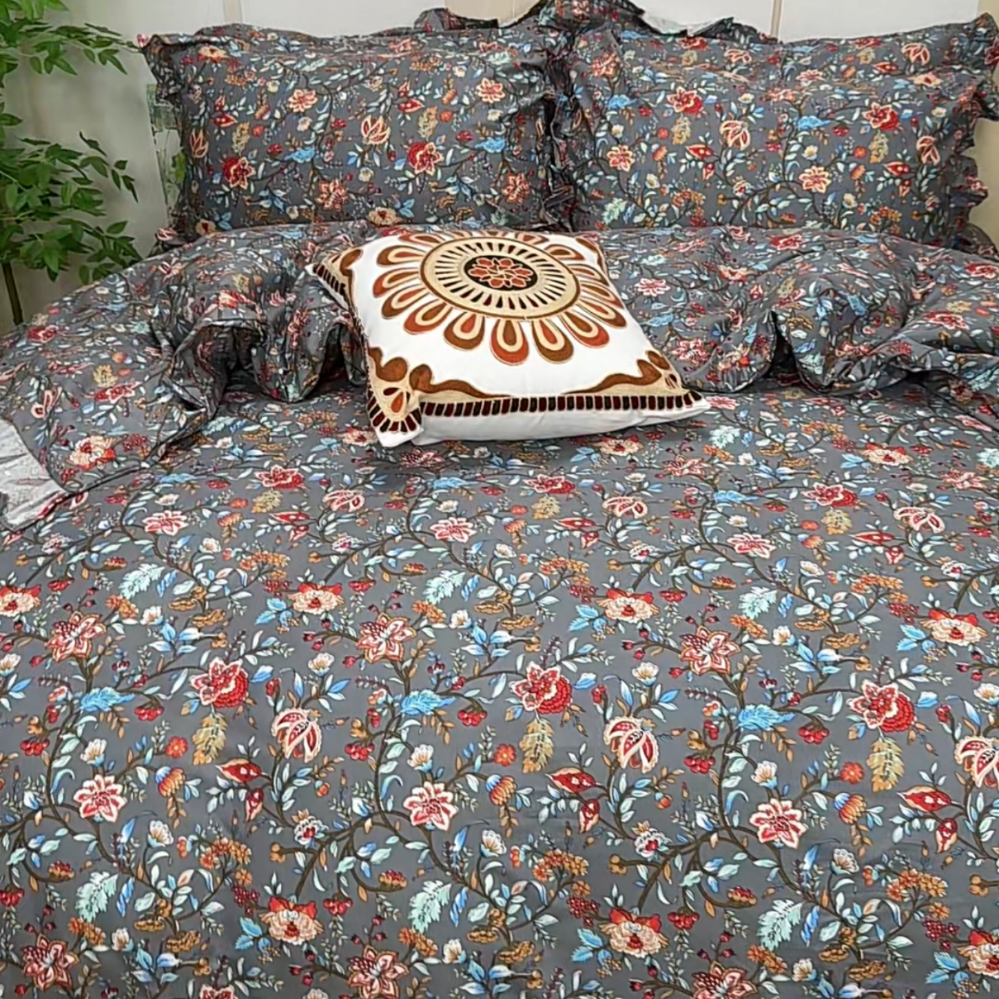 菲边全棉四件套纯棉斜纹木耳边床裙深色小碎花中国风田园耐脏轻奢