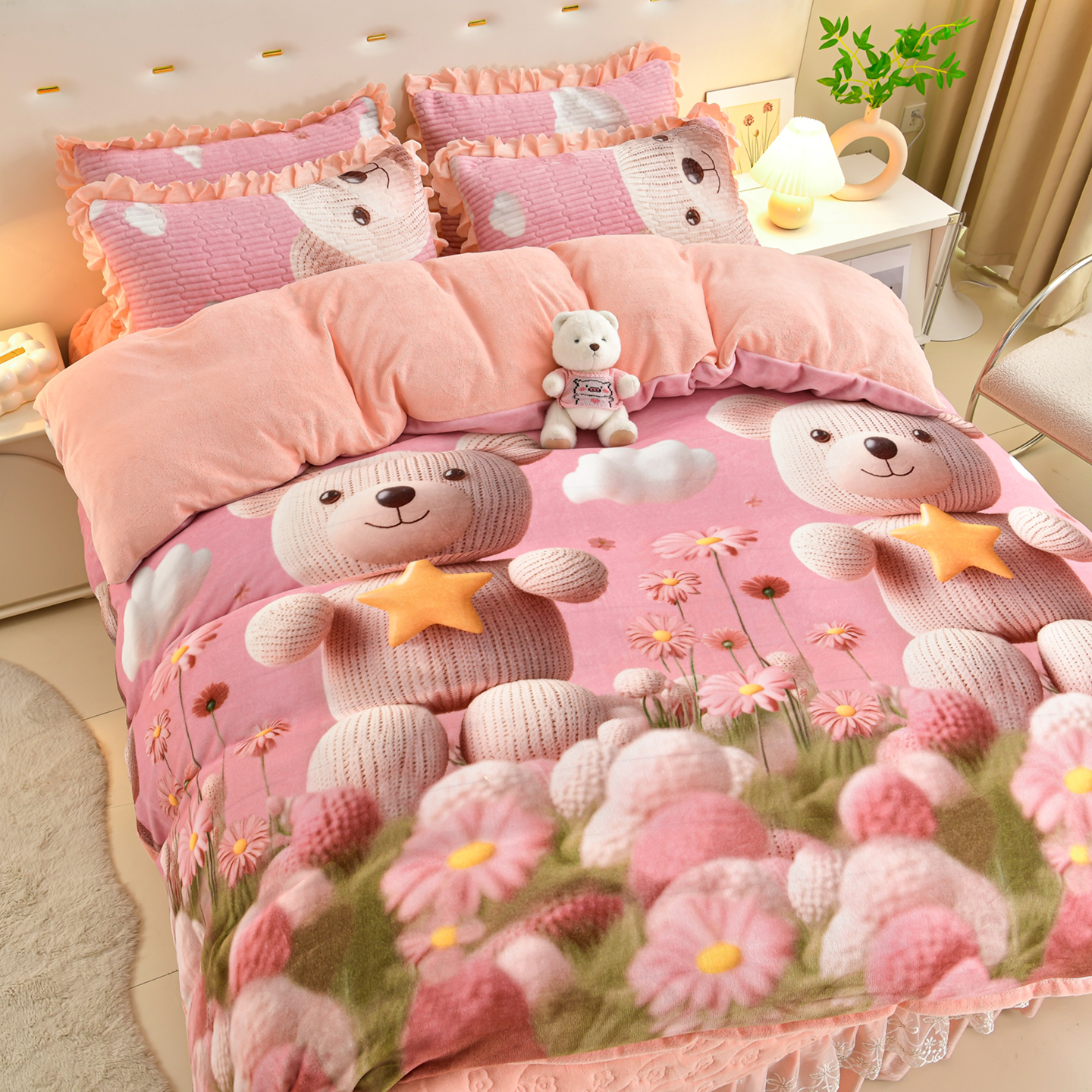 3D立体卡通四件套冬宝宝绒夹棉床盖粉色保暖被套加厚花边小熊可爱