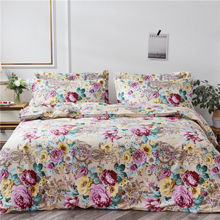 金色浪漫大花四件套纯棉全棉牡丹玫瑰3D立体欧式 轻奢床单被套美式