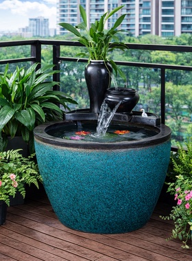 陶瓷大缸古法养鱼缸客厅阳台落地金鱼缸陶罐循环流水造景老式水缸