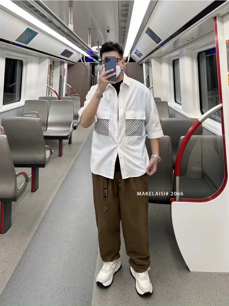 夏季纯色中袖衬衫男款休闲港风痞帅黑白色短袖青少年韩版帅气衬衣