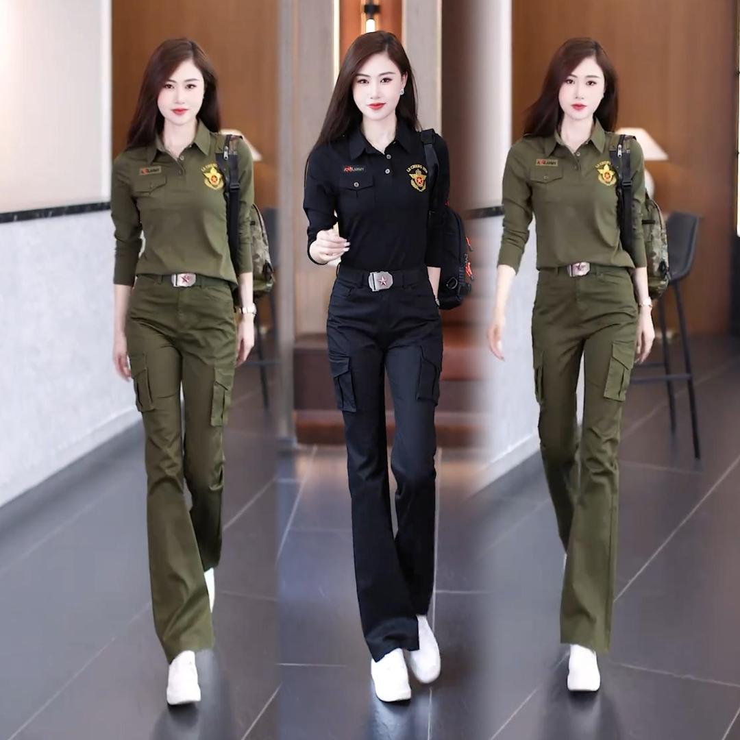 春秋新款迷彩服女黑色翻领长袖