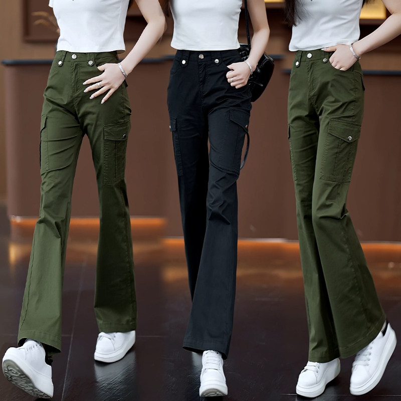 军绿色工装裤女裤高腰微喇叭裤春夏户外运动休闲显瘦小个子长裤潮