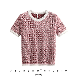 针织短袖 上衣薄款 JZZDEMM碎花圆领流苏设计感小众时尚 女夏季 新款