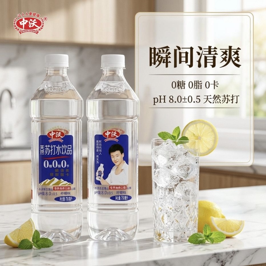 中沃苏打水750ml 天然苏打水柠檬味蜜桃味 无糖弱碱性水清爽可口