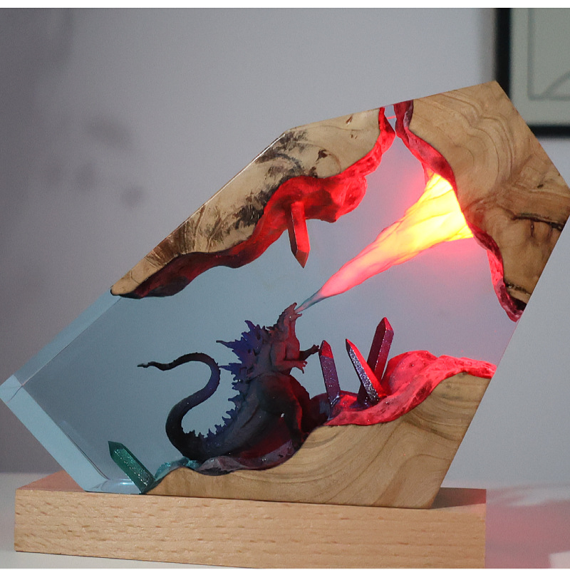 实木树脂海底世界巨兽哥斯拉喷电原子吐息小夜灯床头灯氛围灯摆件