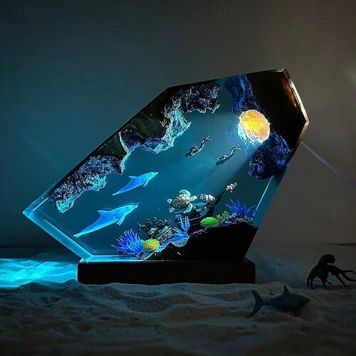 海底世界海豚海龟潜水员海龟树脂小夜灯氛围灯桌面摆件生日礼物