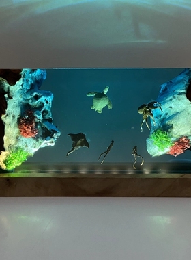 实木树脂工艺品海底世界大海龟潜水员魔鬼鱼海洋氛围小夜灯礼物