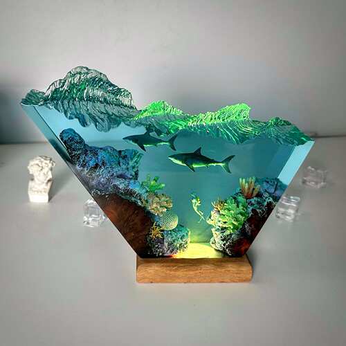海底世界海浪造型鲸鲨鱼水肺潜水员珊瑚礁小夜灯床头灯摆件礼物