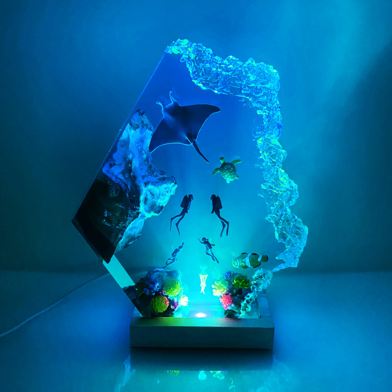 海底世界魔鬼鱼海龟潜水员热带鱼珊瑚礁小夜灯床头灯氛围灯摆件