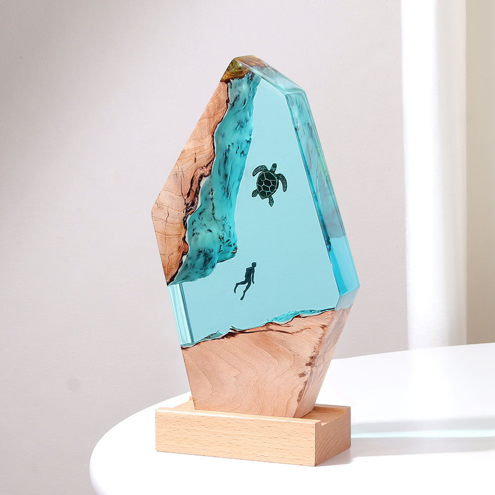 海底世界景观实木树脂大海龟潜水员小夜灯床头灯氛围灯摆件礼物