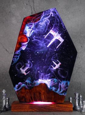 手作星球大战星际宇宙银河飞船战斗机树脂实木小夜灯氛围灯摆件