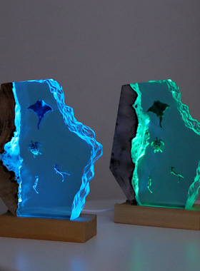 海底世界溶洞潜水员大海龟魔鬼鱼微景观小夜灯床头灯工艺品摆件