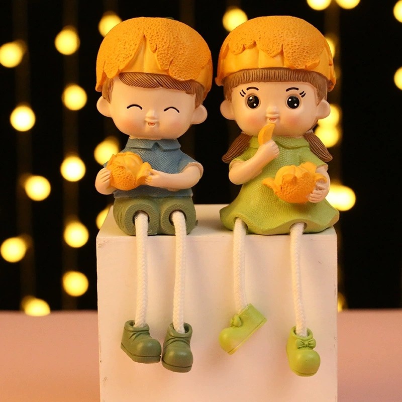 橘子精灵水果吊脚娃娃男孩女孩一对摆件创意工艺礼品鞋柜装饰品