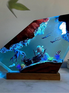 手作海底世界景观巨型章鱼海龟和潜水员沉船树脂小夜灯氛围灯摆件