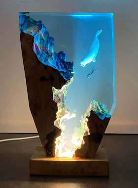 手作海底世界景观海豚和潜水员探险树脂实木小夜灯氛围灯摆件礼物