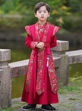红色唐装拜年服儿童汉服加厚帅气国风演出服古装幼儿园国学服男童