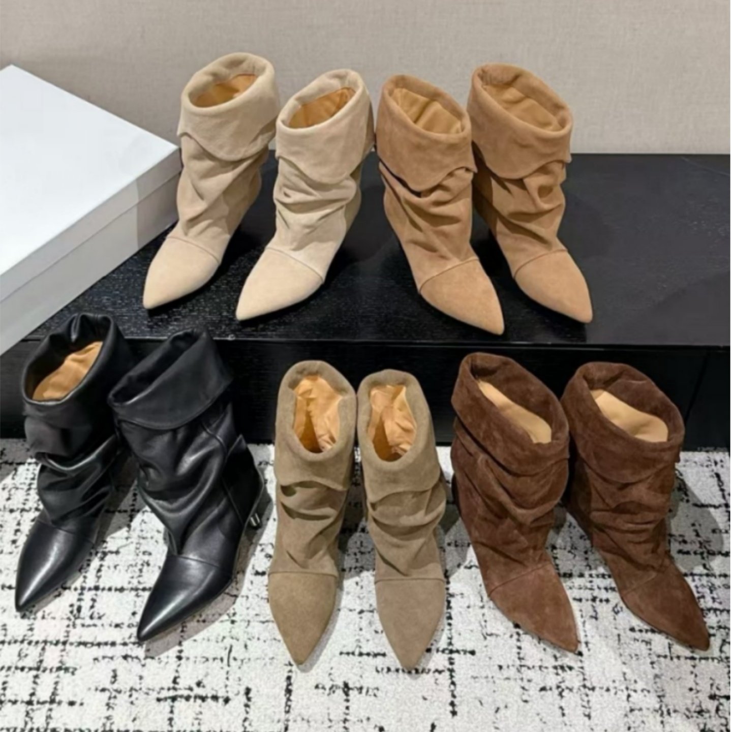 25秋冬真皮翻折褶皱西部牛仔流苏堆堆靴女尖头猫跟短靴复古中筒靴