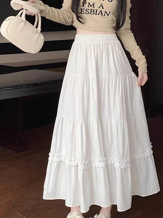 白色A字裙中长款半身裙百搭女蓬蓬裙可爱显瘦减龄百褶伞裙蛋糕裙