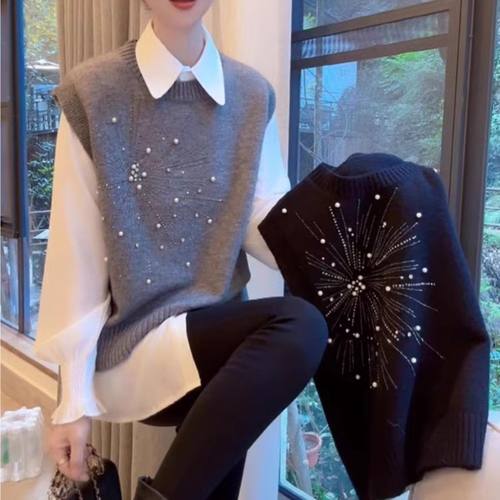 高级重工亮片钉珠无袖针织马甲秋冬洋气坎肩背心外穿圆领马夹上衣