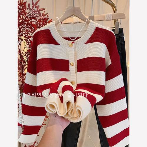 (现货)小香风红色条纹毛衣外套女秋冬高级感超好看温柔软糯针织衫
