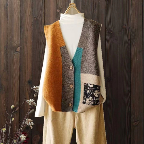 单排扣复古风常规V领拼色