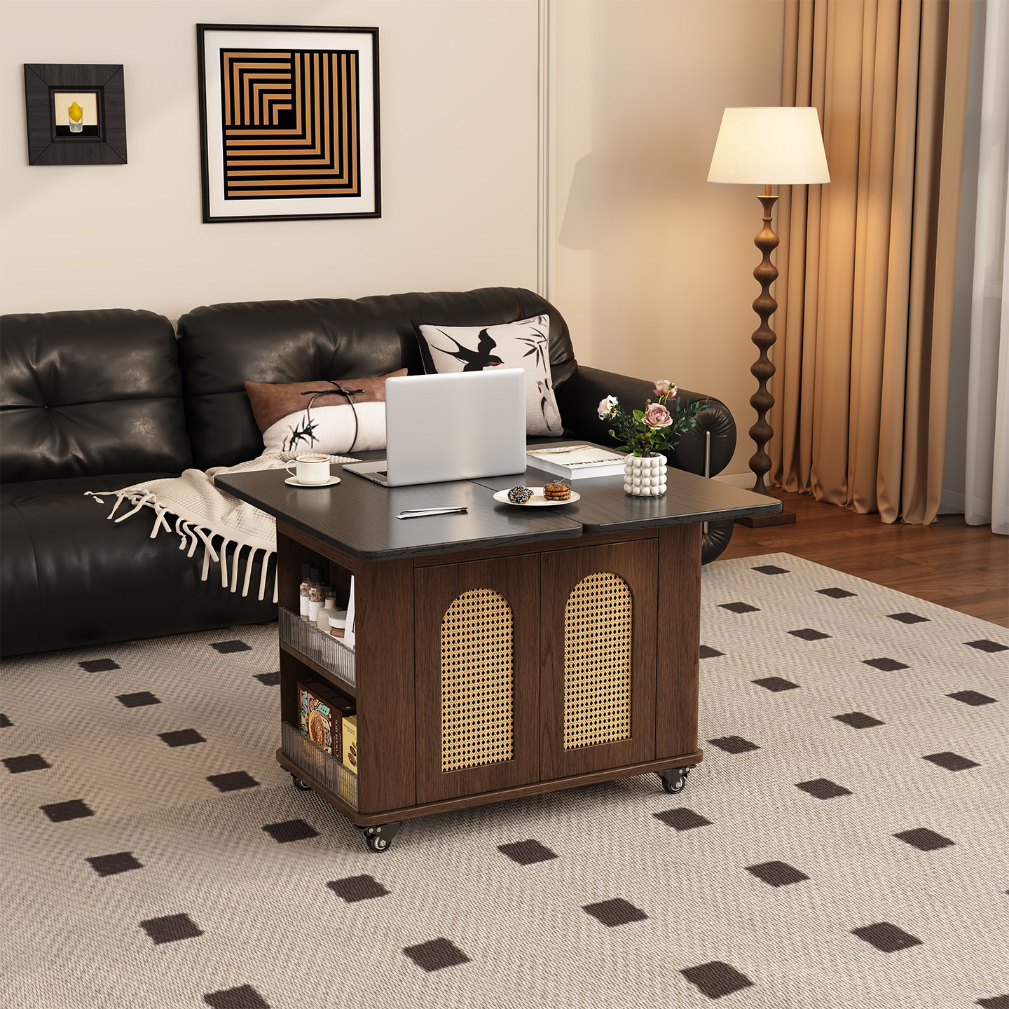 实木中古风可移动折叠茶几藤编门