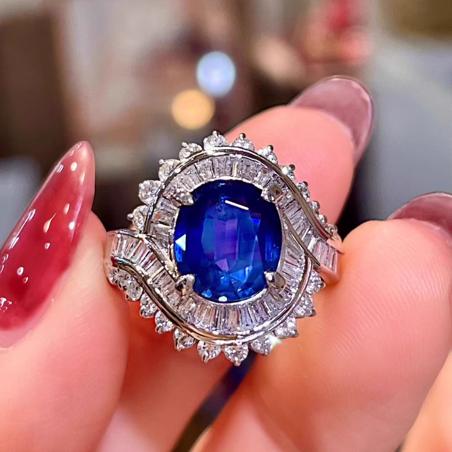 岚心珠宝PT900铂金2.35ct蓝宝石钻石戒指手圈 奢华大气豪华钻戒环