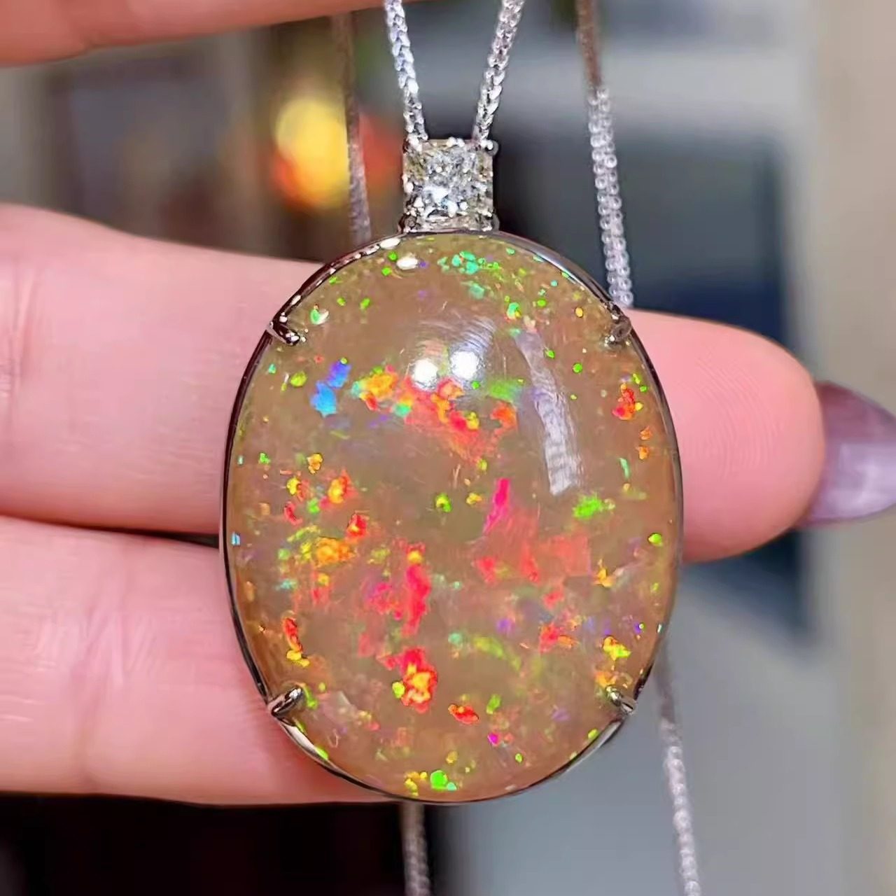 岚心珠宝PT950铂金32.17ct大欧泊钻石吊坠 油画欧珀项链坠 大气女