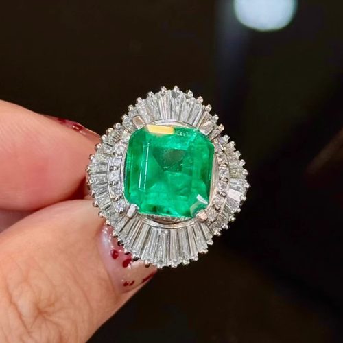 岚心珠宝PT900铂金4.33ct哥伦比亚微油vivid green祖母绿钻石戒指