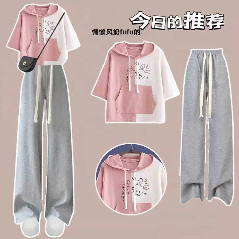 夏装2025新款日系萌妹子少女运动套装大童中学生连帽短袖T恤+长裤