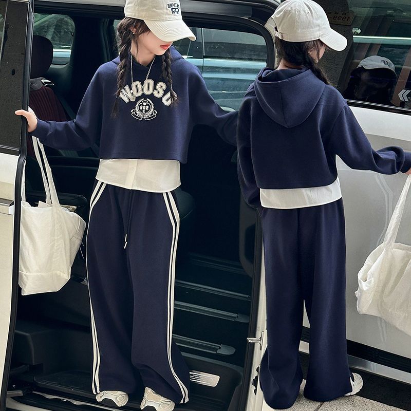 女童碎花卫衣卫裤套装2025新款春秋款连帽开衫外套阔腿裤运动秋装
