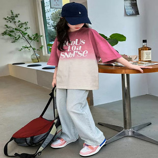 女童夏季套装2025新款洋气大童夏装纯棉童装短袖t恤牛仔裤两件套