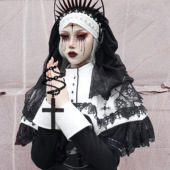 血液供给原创 修女审判暗黑系哥特设计感十字架双层蕾丝头纱头巾