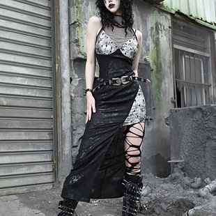 血液供给原创 液态侵袭朋克黑银渔网辣妹开衩连帽连衣裙套圣诞节