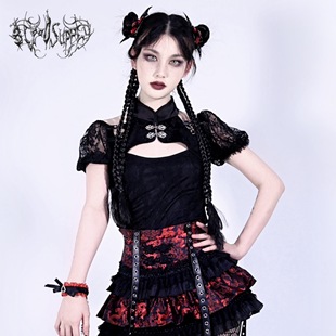 短袖 血液供给原创 黑色设计感中国风蕾丝泡泡袖 救赎 上衣 神明