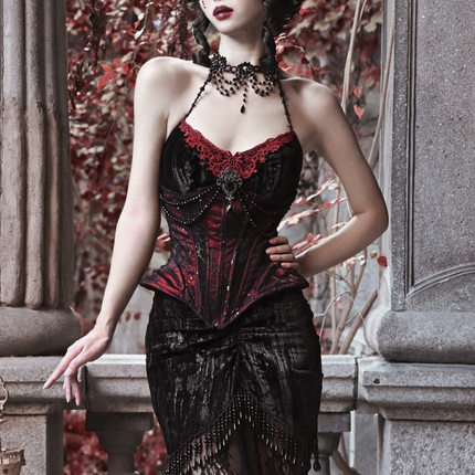 血液供给原创◆公爵夫人 哥特洛可可重工丝绒蛛网鱼骨束腰吊带秋