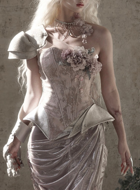 血液供给原创◆月光兽灵 银色花朵不对称精灵风仙气铠甲鱼骨胸衣