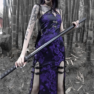 中国风新中式 哥特 开衩流苏皮扣包臀长裙连衣裙 忍 血液供给原创