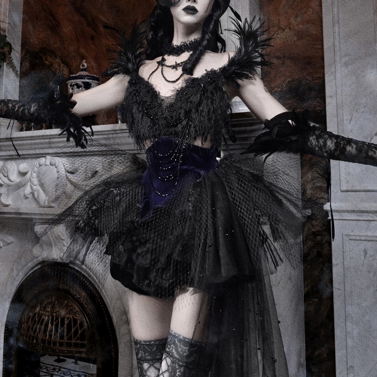 血液供给黑羽拖尾礼服芭蕾裙