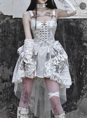 血液供给原创◆疯人院做旧麂皮绒亚文化朋克拖尾印花吊带裙绑带裙