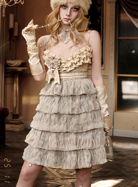 血液供给原创◆斯拉夫千金 古早高腰蛋糕蕾丝吊带连衣裙晚宴裙