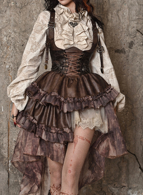 血液供给原创◆流亡之旅 蒸汽朋克美拉德PU胸托不对称绑带拖尾裙