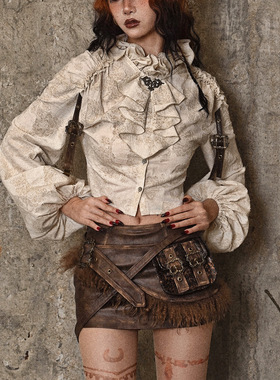 血液供给原创◆流亡之旅蒸汽棉麻提花欧式做旧立领荷叶边打底衬衫