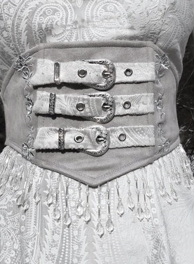 血液供给原创◆雪国的呼唤 白哥特麂皮银丝刺绣鱼骨流苏束腰腰封